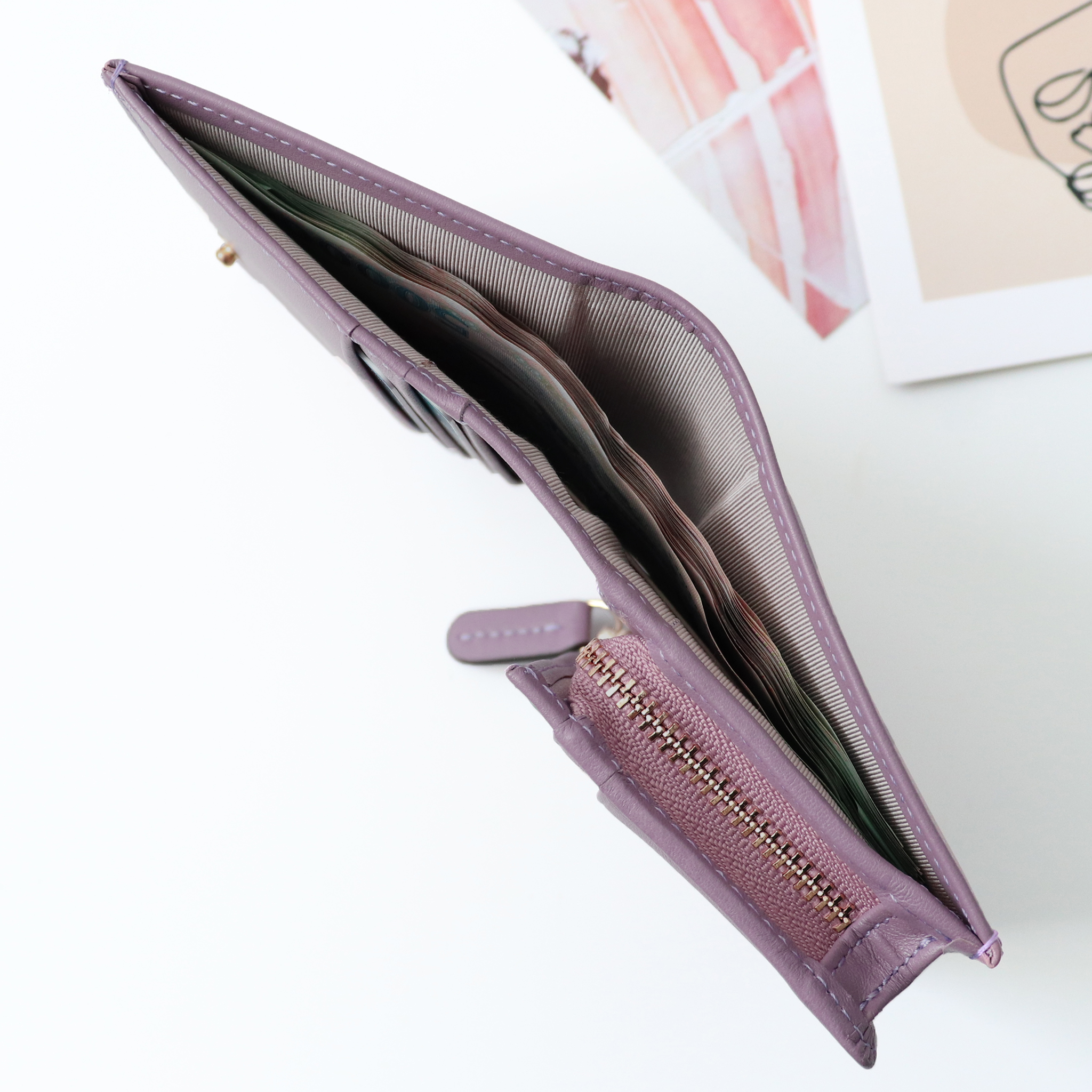 Ví nữ gấp mini da bò trơn mềm mại Pink Ohara