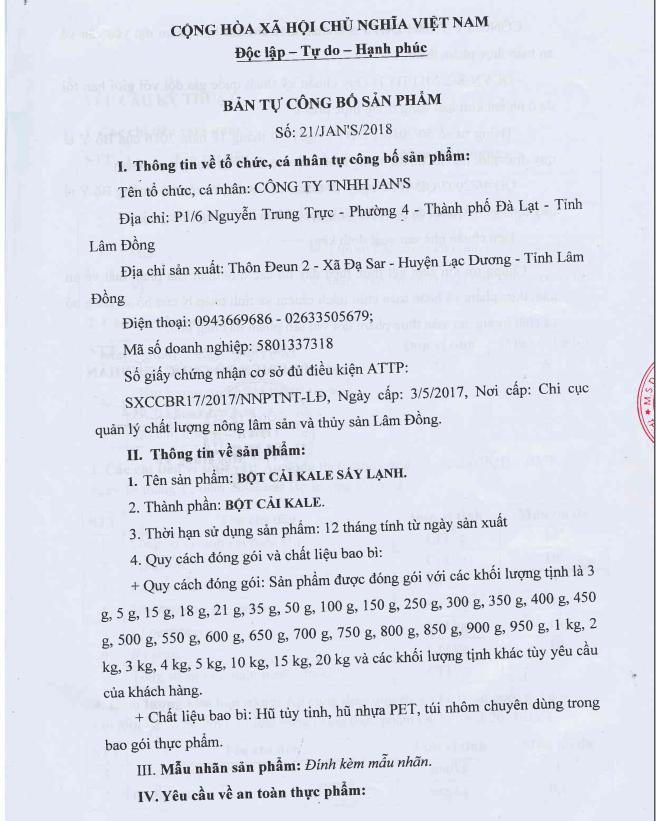 Bột cải kale Jan’s mới 20 gói tiện dụng