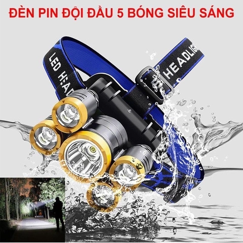 Đèn pin đôi đầu, đội đầu 5 bóng siêu sáng. (Kèm dây sạc và dây đeo trán)