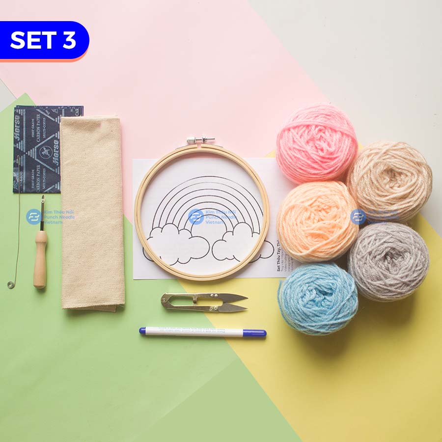 Set combo tập thêu nổi dùng len đan móc đầy đủ dụng cụ cơ bản cho người mới bắt đầu, punch needle set for beginners