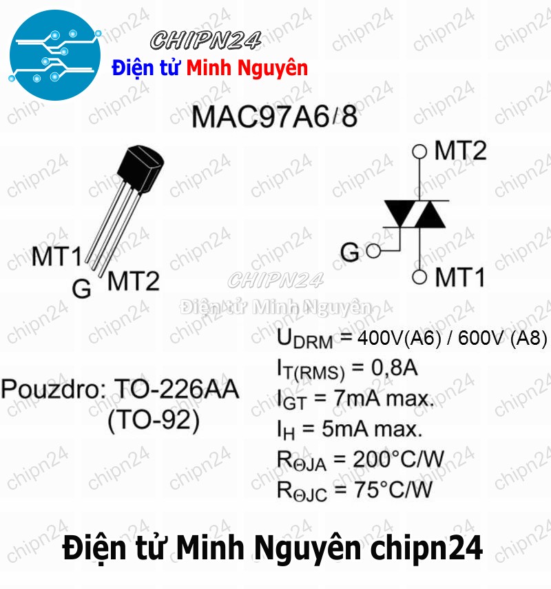 [10 con] (KT1) Triac MAC97A6 TO-92 0.6A 400V (97A6) - HH001001