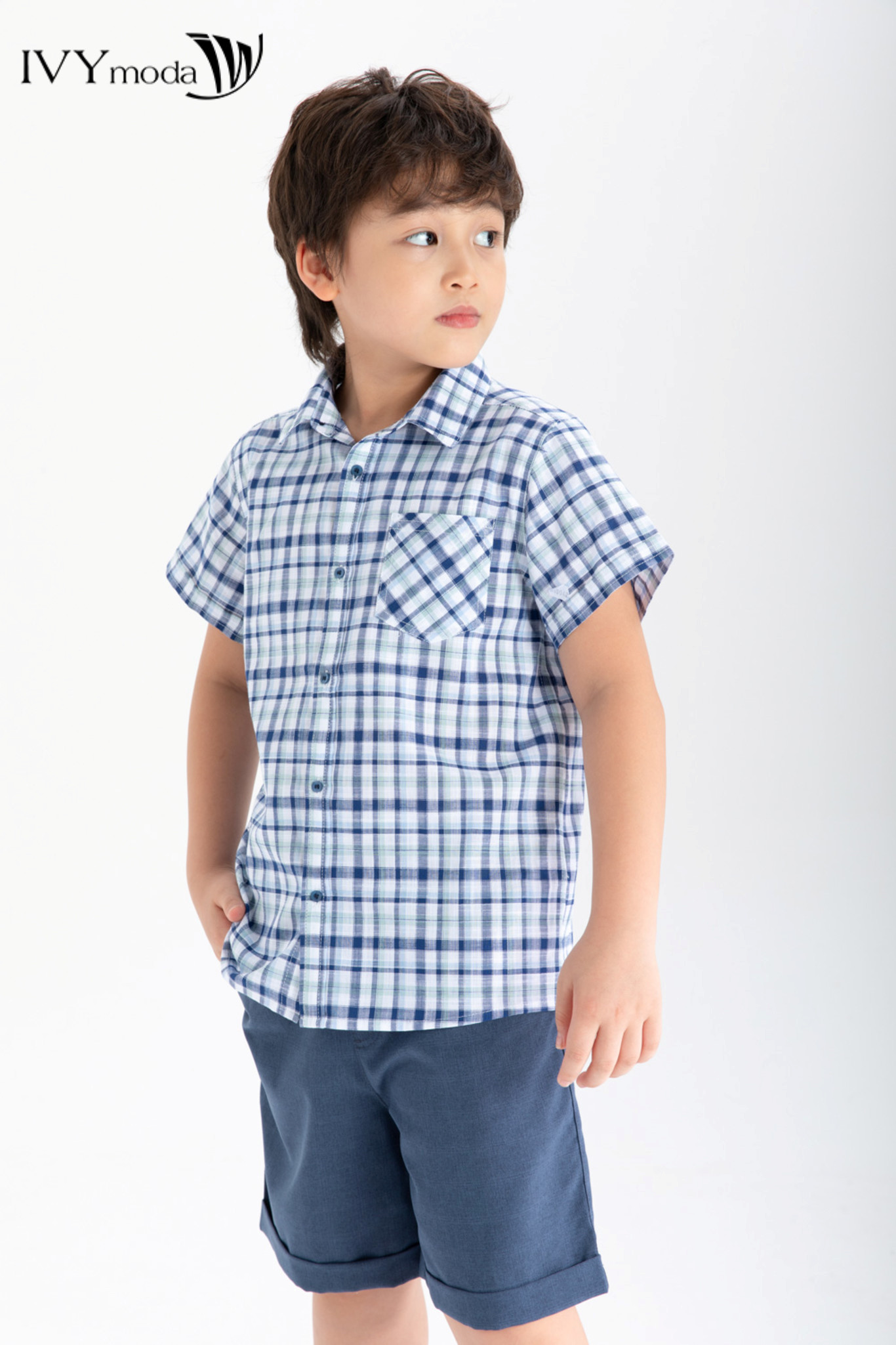 Áo sơ mi bé trai họa tiết kẻ caro ivy moda ms 16k1346