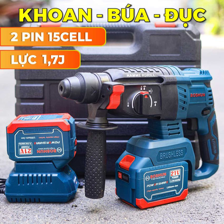 Máy Khoan Đục Bê Tông 3 Chức Năng Boshun 21V, Pin 15 cell Đầu Kẹp Autolock, 100% Ruột Động, Động Cơ Không Chổi Than
