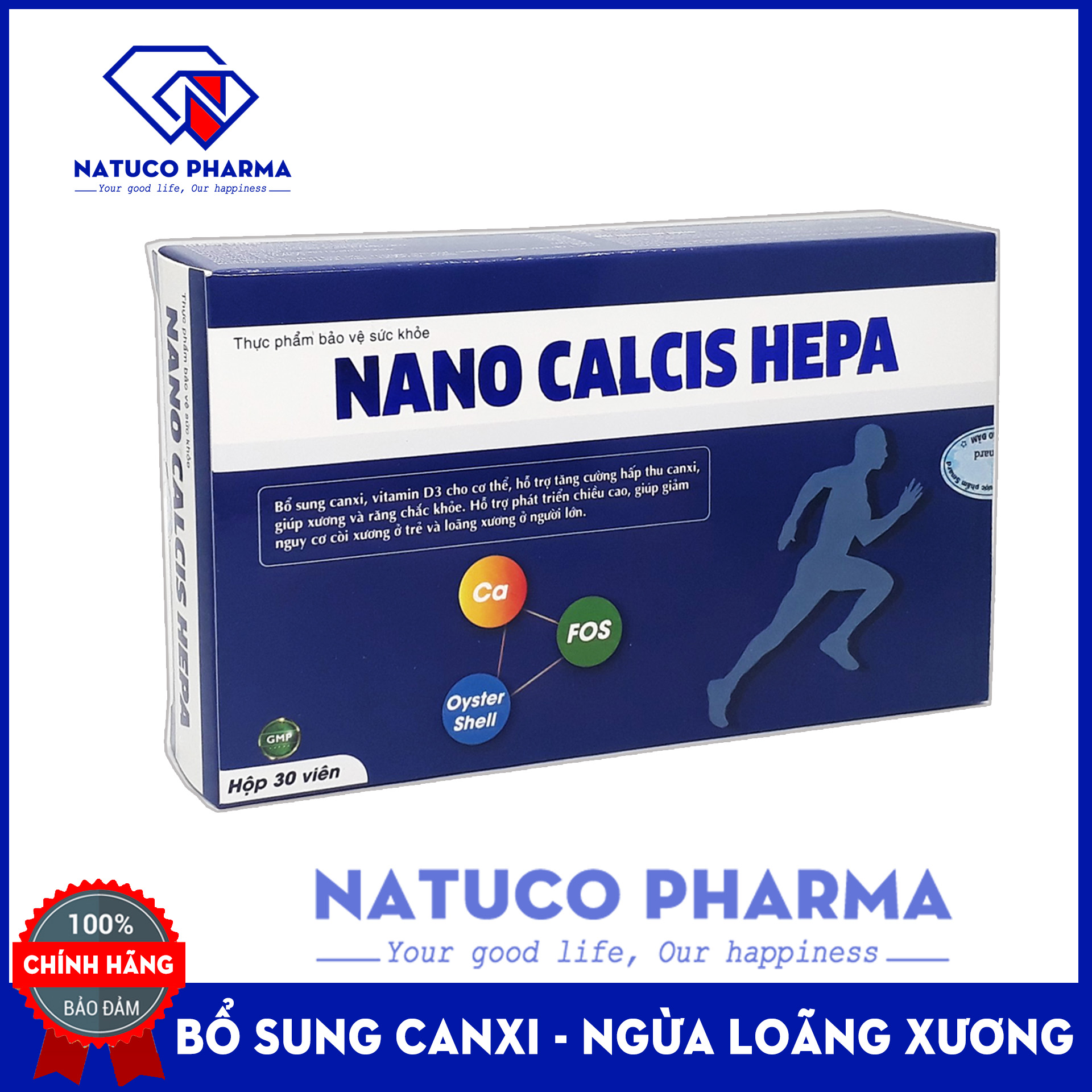 Viên uống canxi NANO CALCIS HEPA - bổ sung canxi từ vỏ sò, tảo biển cho bà bầu, trẻ em cần phát triển chiều cao, người già ngừa loãng xương - Hộp 30 viên chuẩn GMP