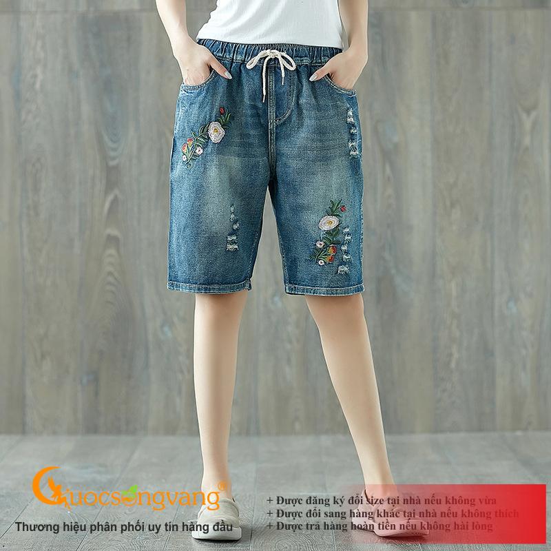 Quần lửng nữ màu xanh đen denmin quần jean lửng lưng thun thêu hoa Q107 Cuocsongvang