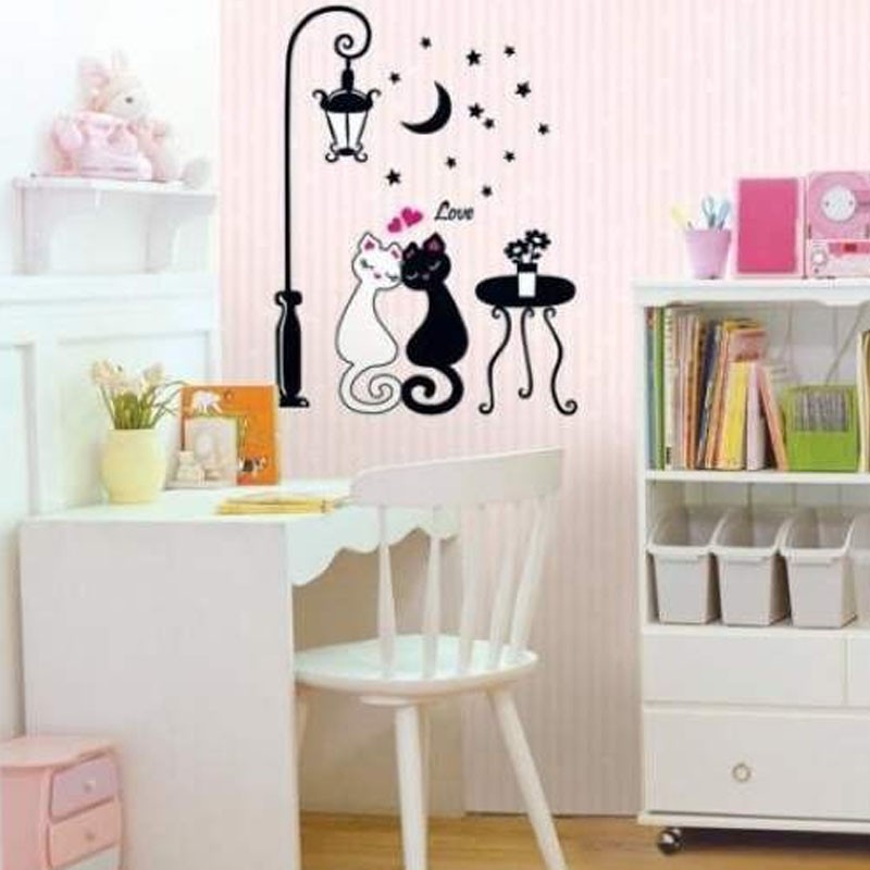 Sticker Decal dán tường hình cặp mèo & đèn phố