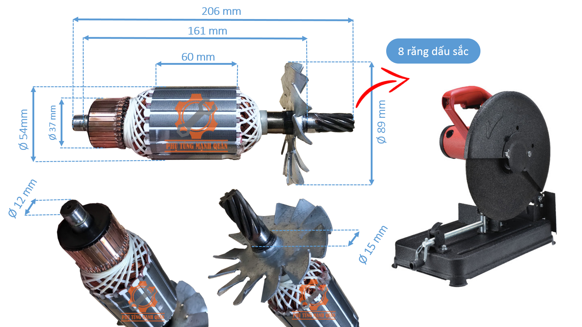 Rotor/ruột máy cắt sắt IOK 350  có 8 răng dấu sắc tặng kèm chổi than cao cấp