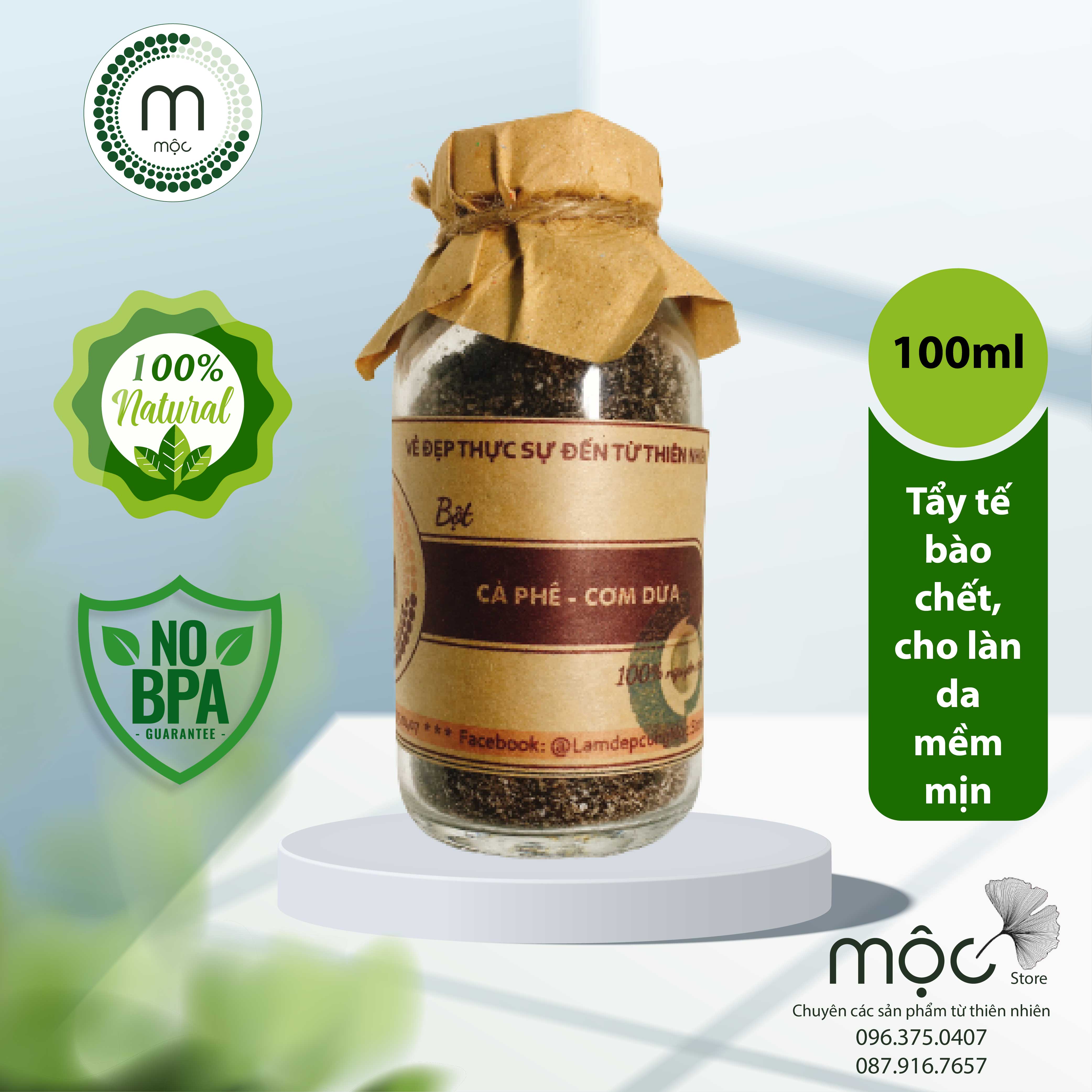 Bột mặt nạ cà phê dừa MỘC - cafe nguyên chất tẩy tế bào chết, se khít lỗ chân lông, làm mịn da gói dùng thử 10g và chai 100ml, 200ml chính hãng