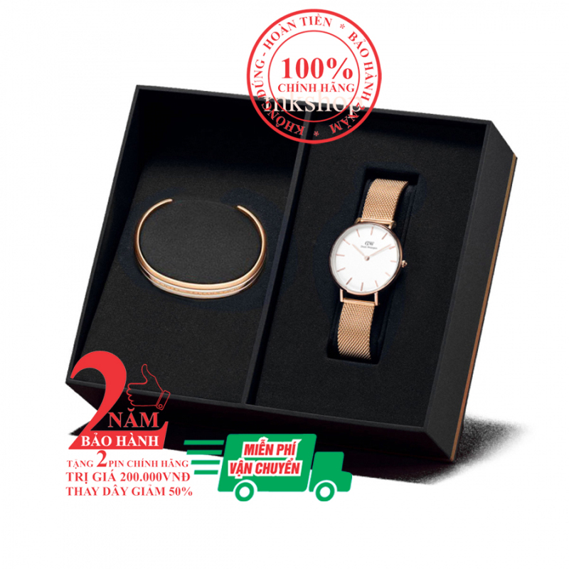 SET đồng hồ nữ DW Petite Melrose 32mm + Vòng tay D.W Bracelet- màu vàng hồng (Rose Gold), mặt trắng - DW00500332