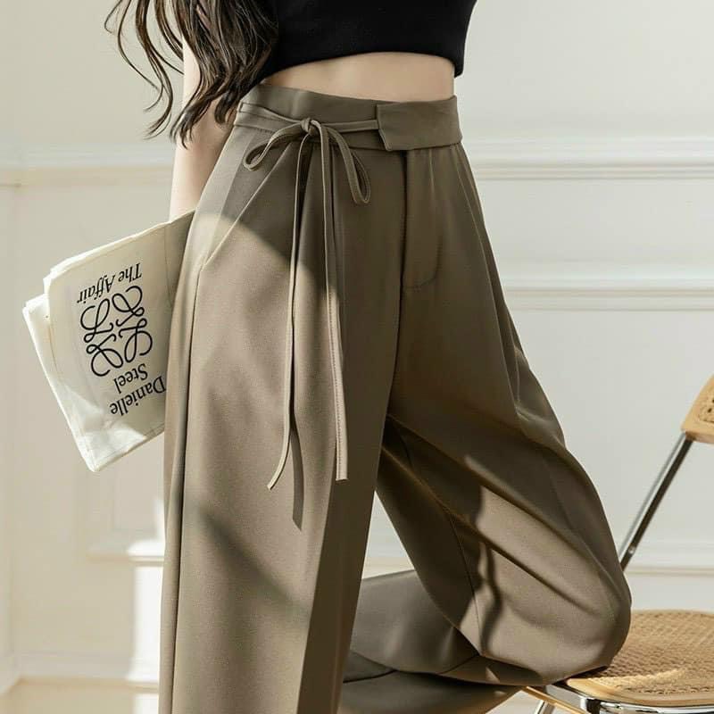 Quần ống rộng nữ lưng cao thắt dây nơ 1 bên quần culottes ống suông công sở dáng dài nhiều màu mặc đi học làm