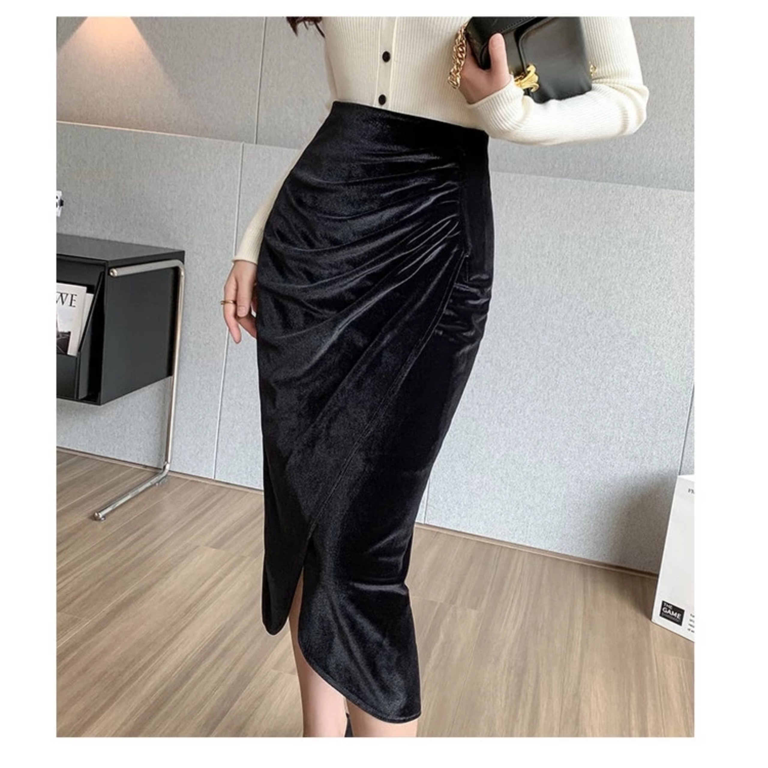Chân Váy Bút Chì Nhung Nhún eo Dài 75cm C9