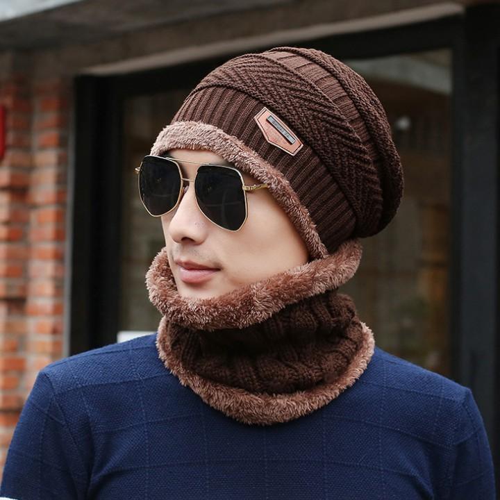 Set khăn mũ len cao cấp cho nam giới - Mũ nón kèm khăn len lót lông siêu ấm thời trang phong cách ( màu nâu hoặc đen)