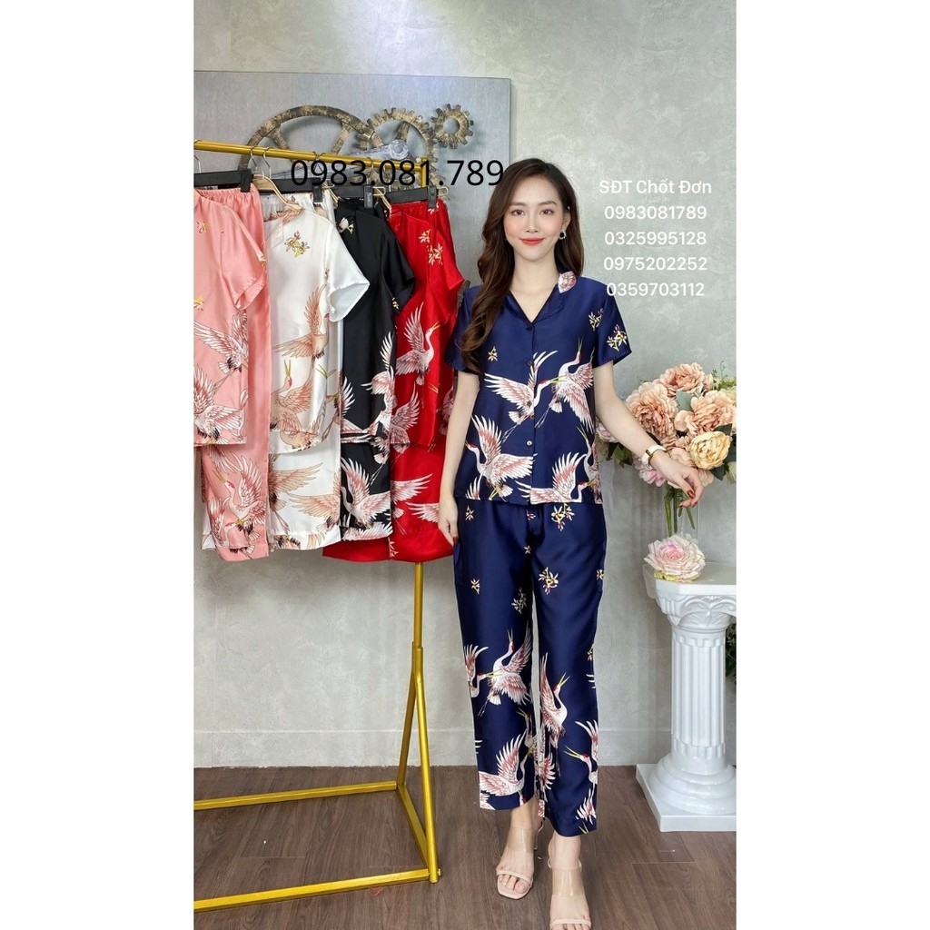 [ HOT SALE ] Bộ đồ Pijama lụa💖Bộ lụa tay cộc - quần dài họa tiết con hạc chất lụa Satin [ẢNH CHỤP THẬT]
