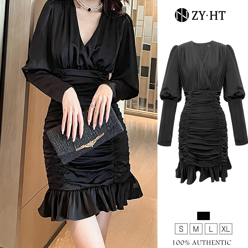ZYHT eravogue đầm body nữ ôm body sexy chân váy nữ đầm đuôi cá Thiết kế kiểu Pháp ở eo xếp li đầm đen sang chảnh dự tiệc 6014