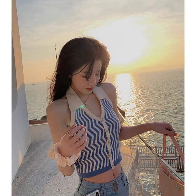 Áo yếm cổ bẻ croptop sexy (Đen, Xanh và Tím)