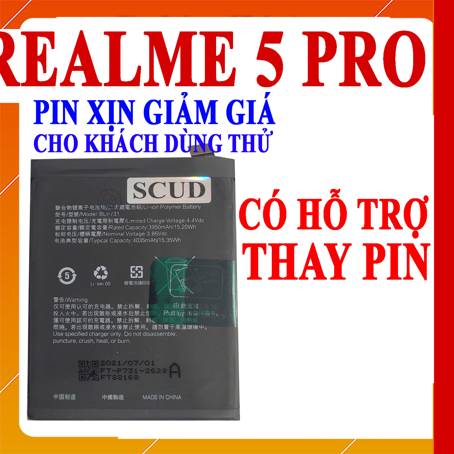 Pin scud cho realme 5 pro blp731 dung lượng 4035mah