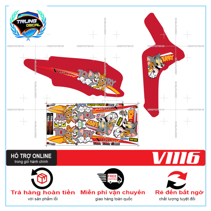Tem rời xe vision 2016 tom and jerry dán xe đỏ