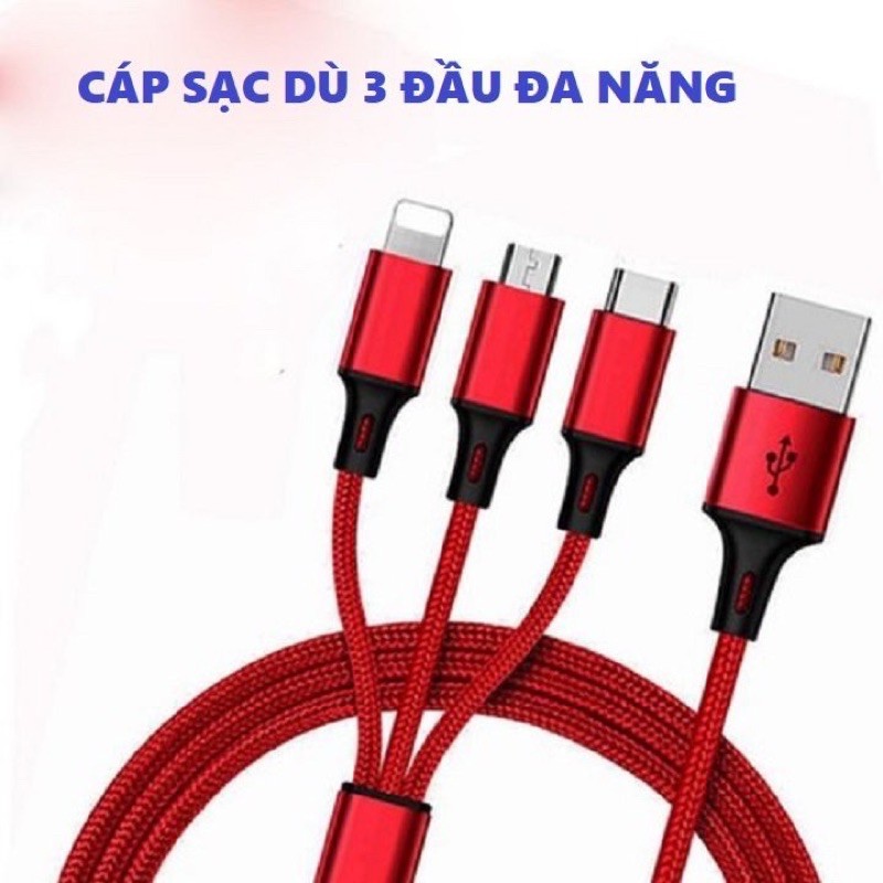 SẠC 3 ĐẦU DÂY DÙ HỖ TRỢ SẠC NHANH { CHÂN TYPE C,IP,micro Usb }