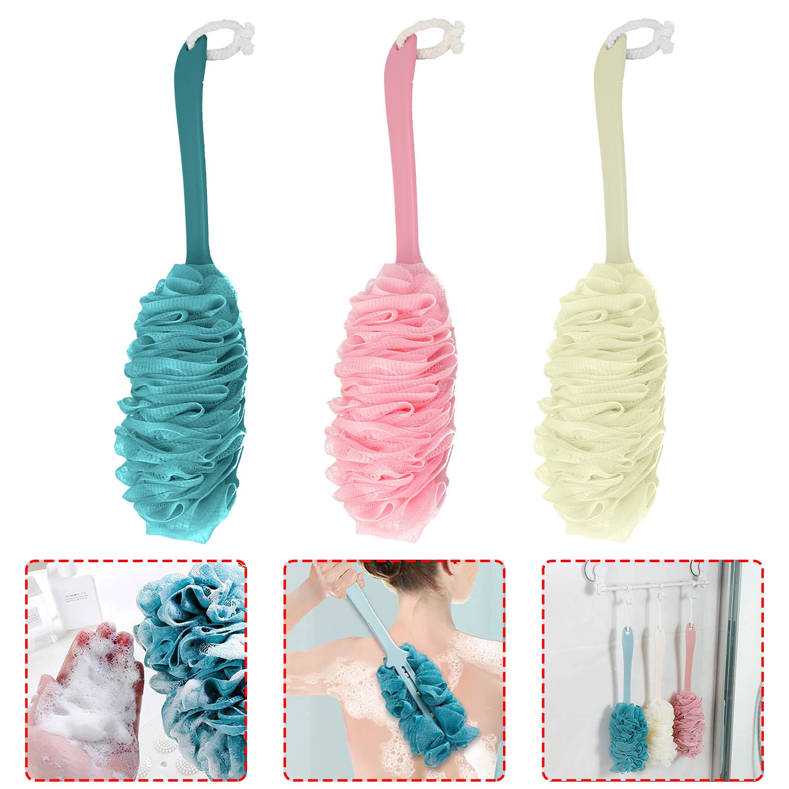 Puff Ball Scrubber Bath Shower Body Back Brushes Mesh Soft Fur With Long Handle Clean Handle Bath Ball Washcloth Exfoliating