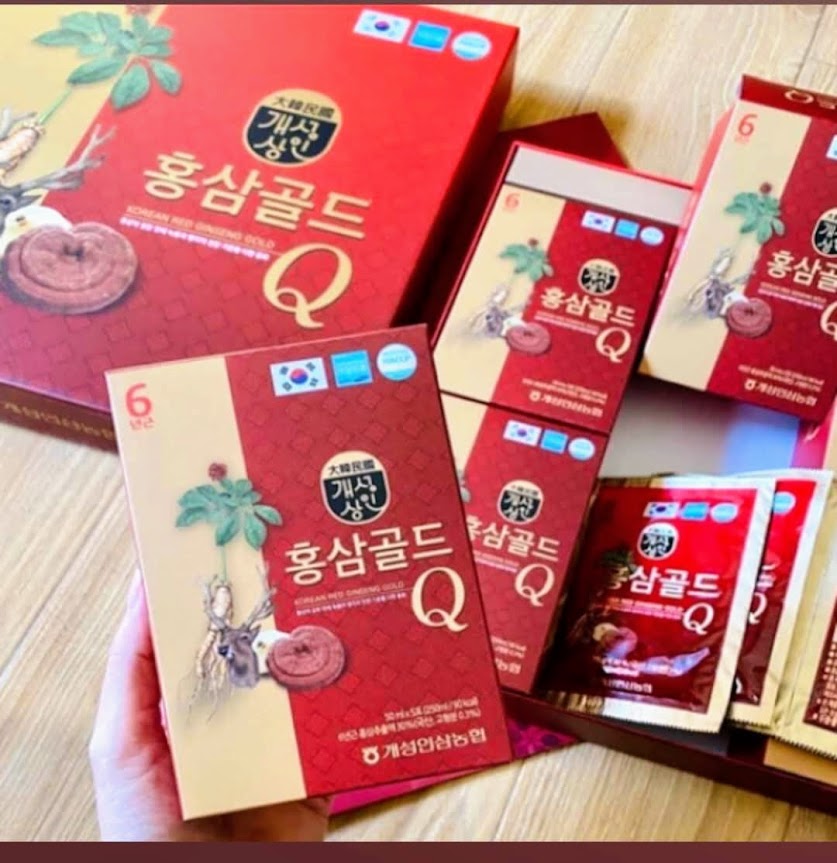 (Hộp 30 gói) Nước Hồng sâm Nhung hươu Linh chi Gold Q hộp 30 gói x 50ml, bồi bổ sức khoẻ, Hàn Quốc