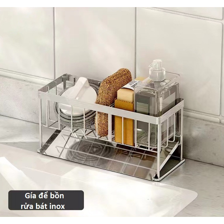 Kệ để đồ rửa chén bát 2 ngăn inox có khay hứng nghiêng nước , giá để rẻ rửa bát