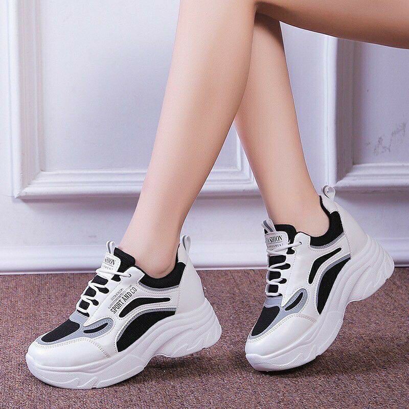 Giày thể thao nữ độn đế màu trắng Giày sneaker nữ đế cao phong cách Hàn Quốc