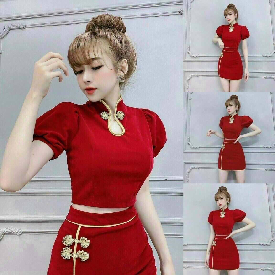 Sét bộ nữ chân váy viền né kèm áo cổ tàu body cao cấp qc