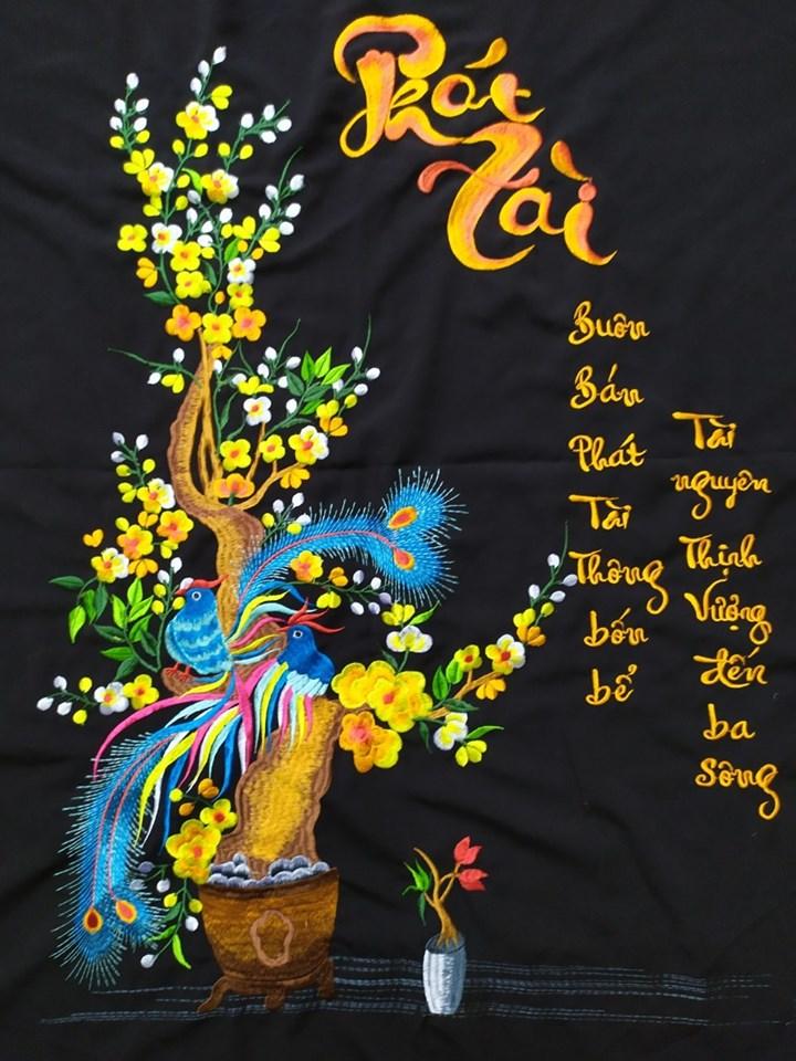 tranh thêu vi tính thành phẩm thư pháp phát tài chưa khung Kích thước 40x70 cm