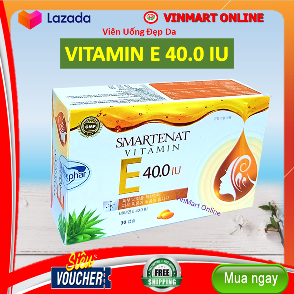 Viên uống đẹp da Vitamin E 40.0 IU - Nhập Khẩu Hàn Quốc- Omega 3 và tinh dầu lô hội làm đẹp da, chống lão hóa, ngừa nếp nhăn - Hộp 30 viên dùng 1 tháng