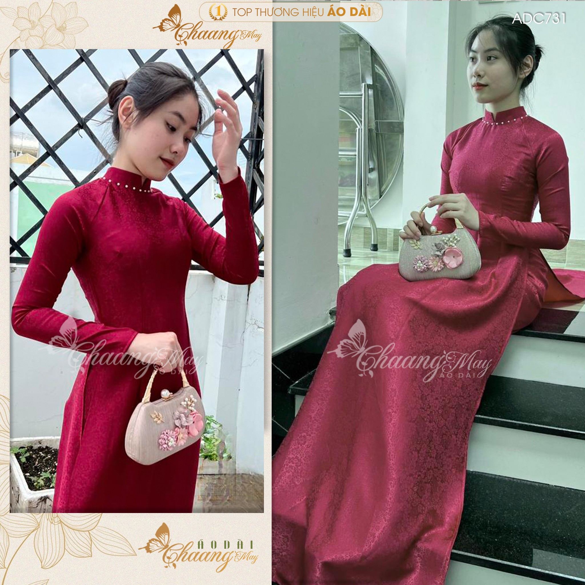 Áo dài gấm hoa gió đỏ đô truyền thống Chaang may sẵn áo dài cưới cô dâu cao cấp dự tiệc sự kiện lễ tết đẹp ADC731