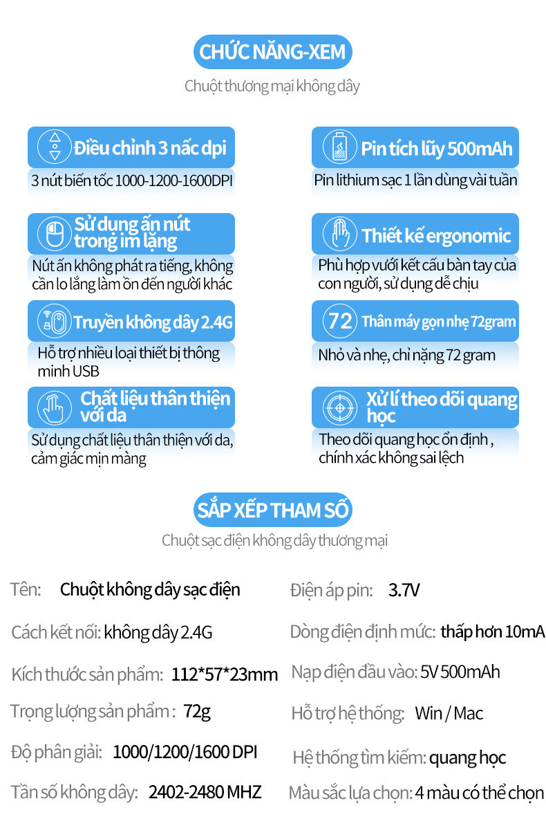 Chuột không dây wireless tự sạc pin siêu /tích hợp pin 2 kiểu dáng mỏng không gây tiếng ồn chuyên dùng cho Máy tính, pc, Laptop
