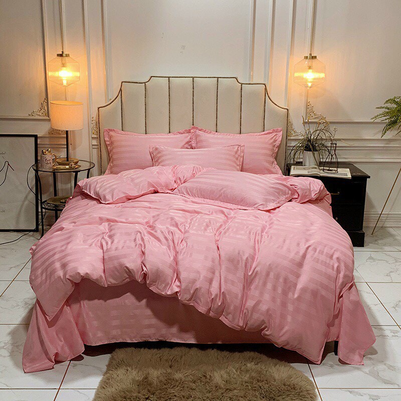 Bộ 4 Món Ga Gối SỌC 3F Vải Cotton Lụa Hàng Chuyên Cho Gia Đình Và Khách Sạn - Hồng Nhạt
