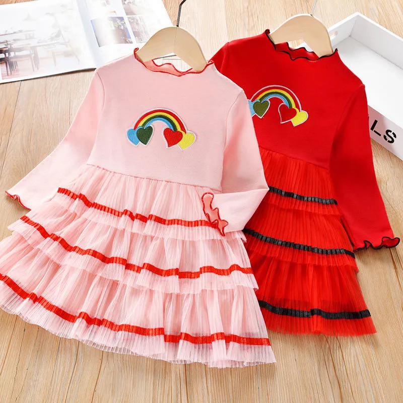Váy Thun Dài Tay Phối Lưới Xòe Nhiều Tầng Cho Bé Gái Mặc Xuân Hè (N00651)