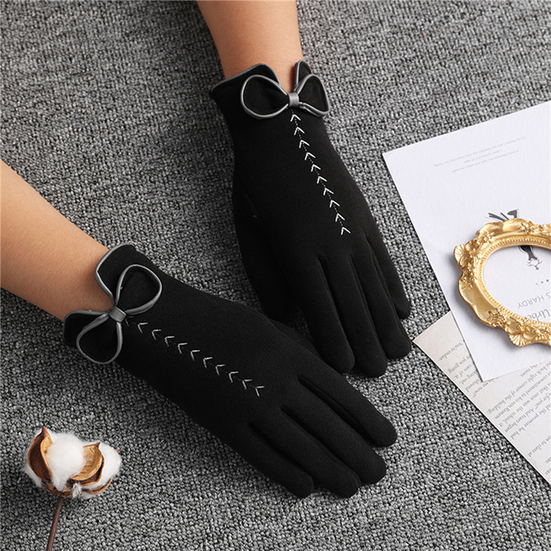 Female Cute Bow Embroidery Thin Plus Velvet Touch Screen Driving Mittens Winter Women Outdoor Cashmere Warm Cycling Gloves