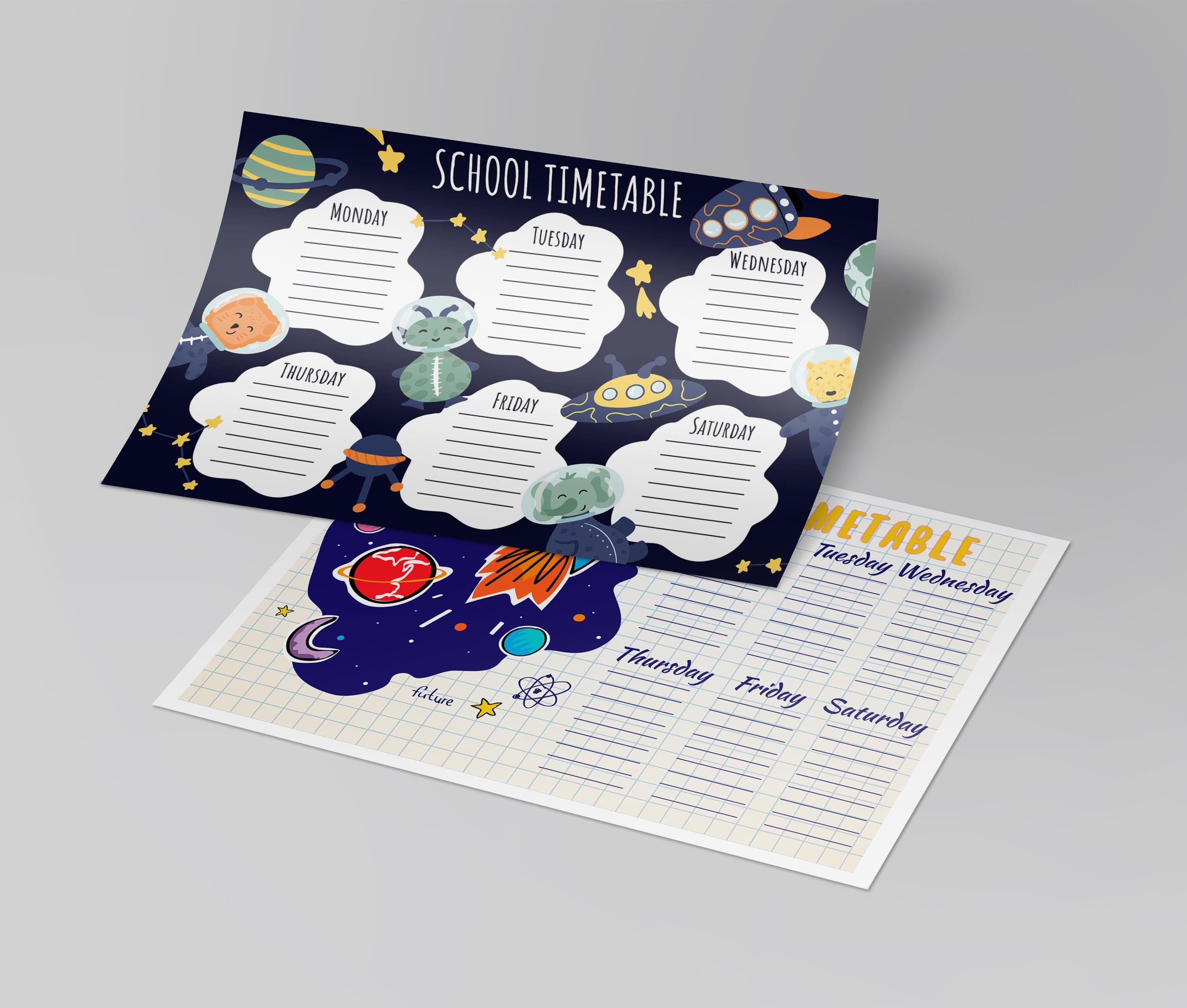 Set 2 thời khóa biểu dán được - timetable hành tinh, planet, vũ trụ, phi hành gia không gian giấy decan dễ thương kích thước A5