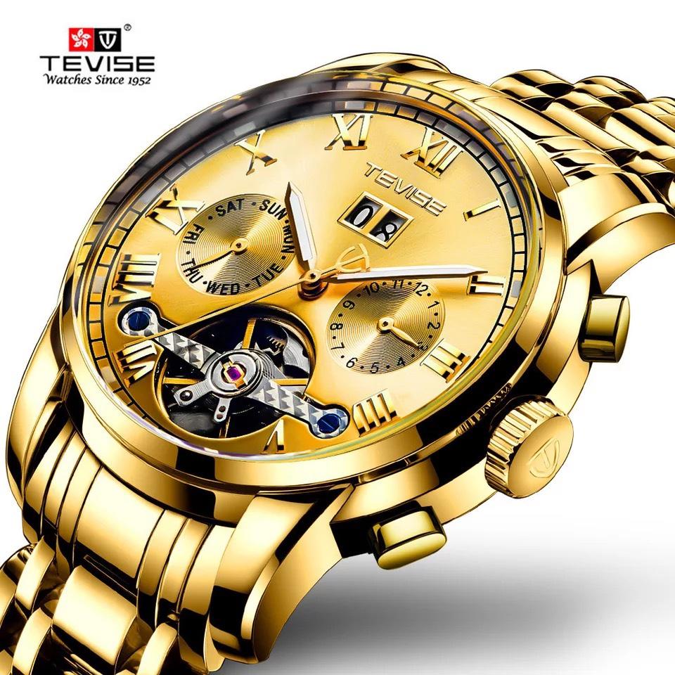 [HCM][TẶNG CHỐT VÒNG TAY] Đồng Hồ Nam Chạy Cơ Automatic TEVISE 9005 Dây Thép Cao Cấp (FULL VÀNG)