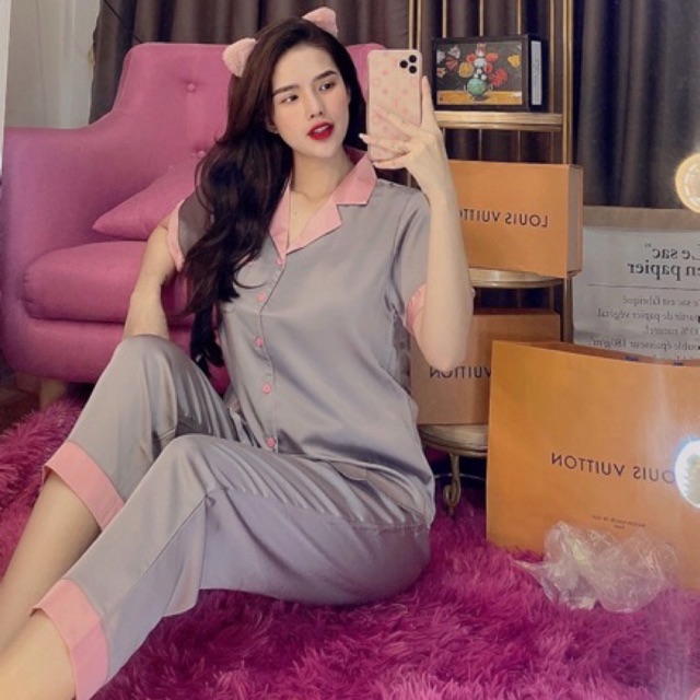 Set Pijama Phi Lụa Cao Cấp Tay Ngắn Quần Dài - 90111