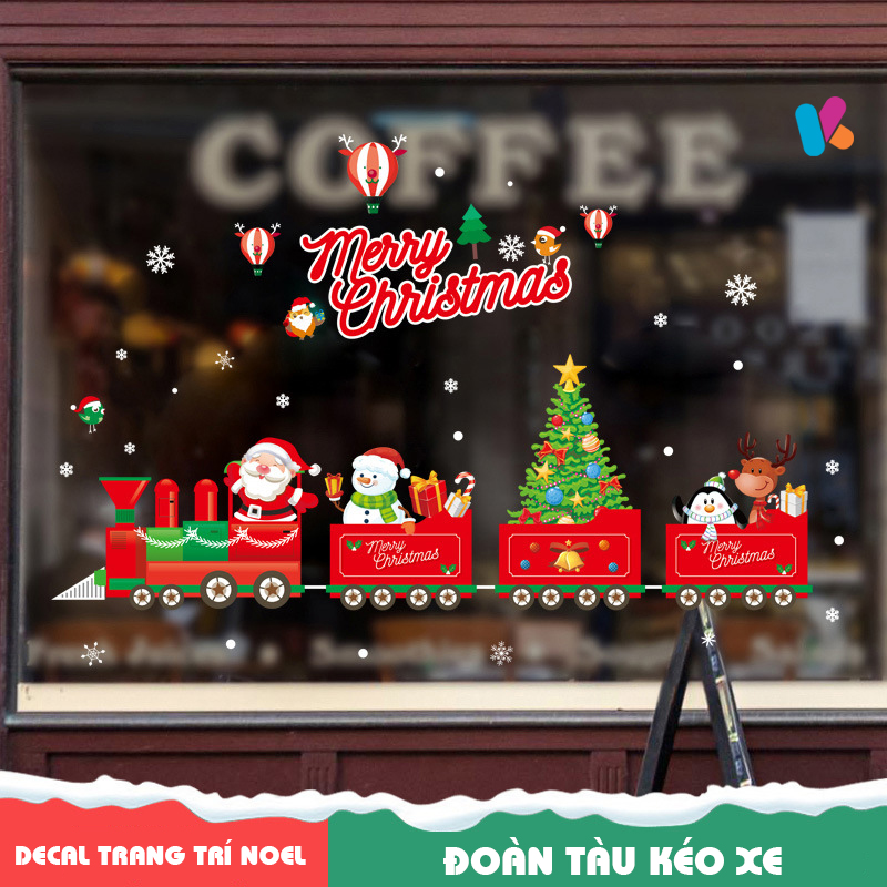 Decal trang trí noel - Đoàn tàu kéo xe noel màu đỏ