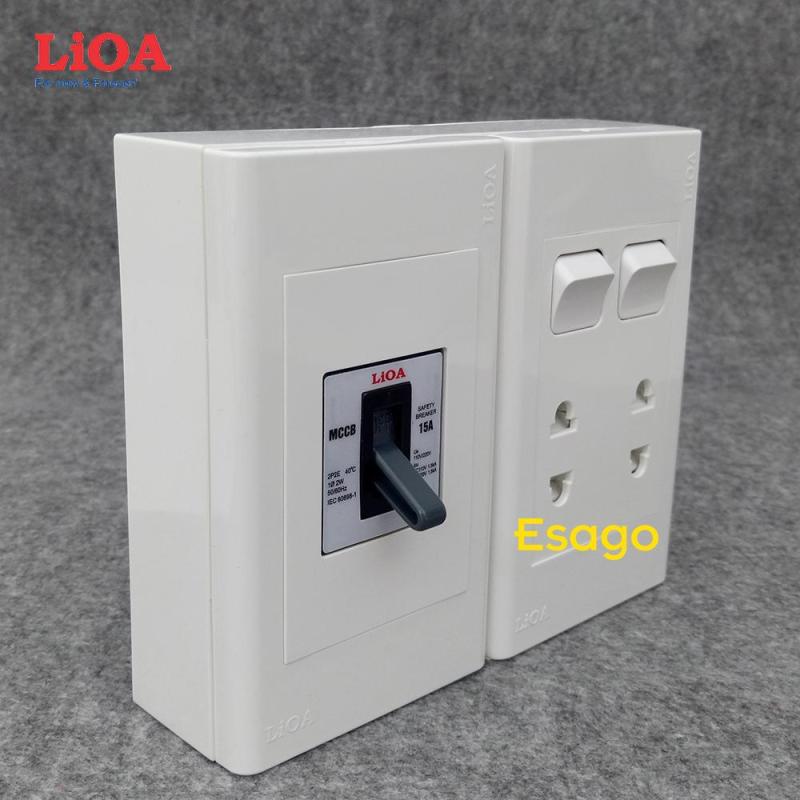 Combo ổ cắm điện đôi 2 chấu 16A (3520W) + 2 công tắc điện LiOA có cầu dao chống quá tải 15A - Lắp nổi