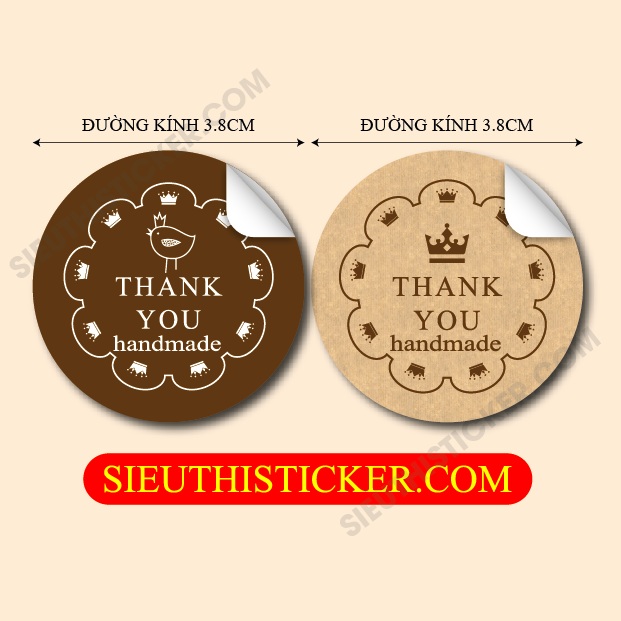 Tem kraft thank you handmade họa tiết chim và vương miện TYKVM trang trí hộp quà, túi giấy các loại