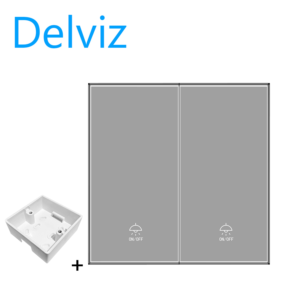 Delviz 钢化玻璃灯开关，灰色全屏面板10a墙嵌式插座开关，交流110v-250v 86mm*86mm, 2开2路按钮开关，灯开关。