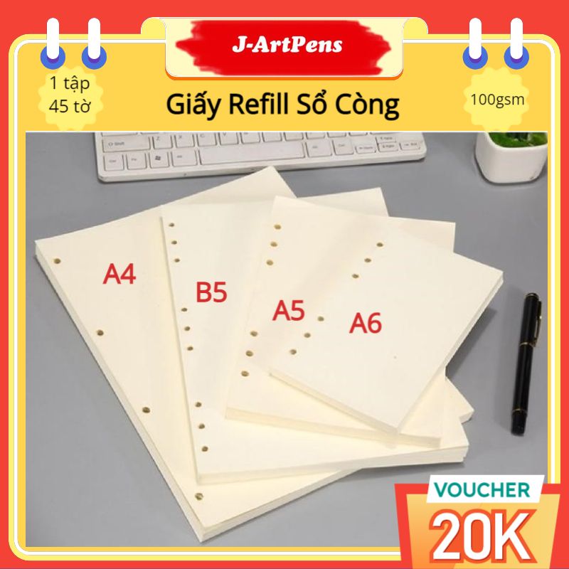 Giấy Refill, Giấy Sổ Còng, Giấy Binder  Dày 100gsm Dot-Gird-Line-Blank A6 A5 6 Lỗ B5 9 Lỗ A4 4 Lỗ