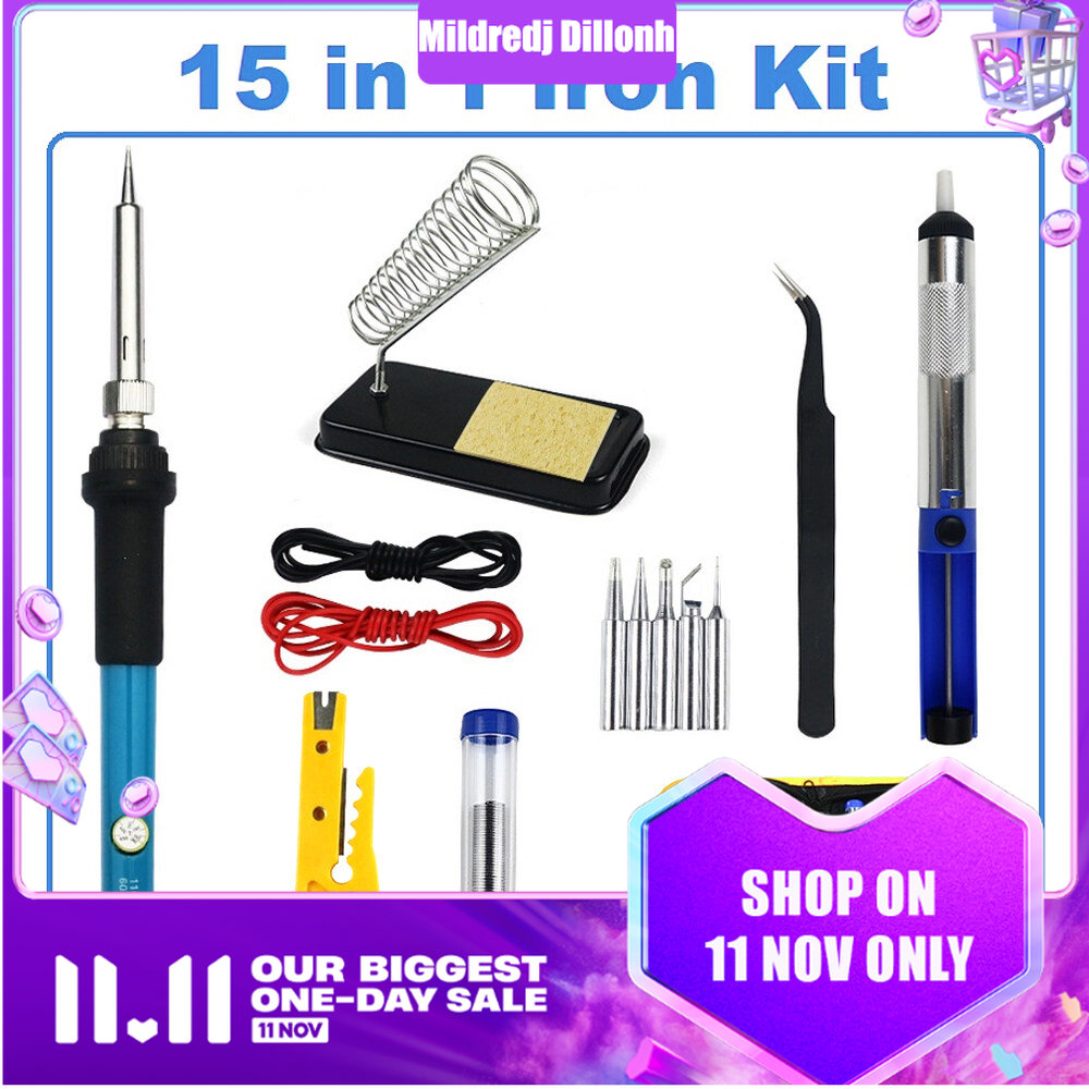Soldering Iron Kit Electronics 60W Adjustable Temperature Welding Tool 5pcs Soldering Iron Tip /Soldering Iron Stand /Desoldering Pump /Tweezers /Solder Wire /Carry Bag