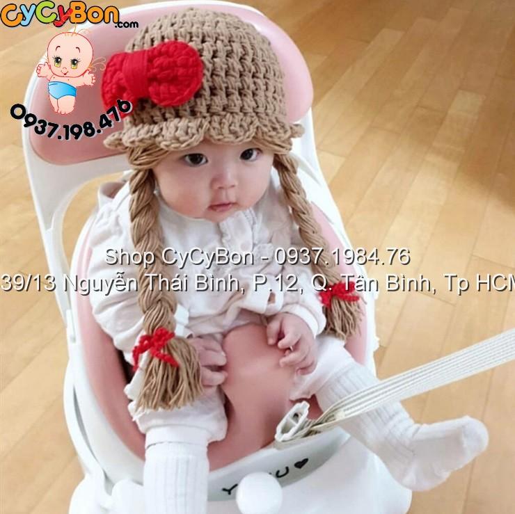 Nón Len Cho Bé Nơ Đỏ Thắt Bính 2 Bên Màu Cafe Sữa - Cực Xinh ạ :)