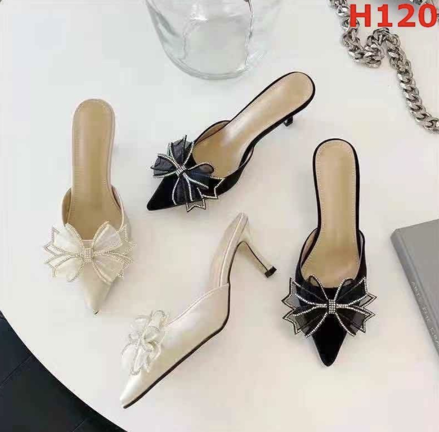 guốc cao gót mũi nhọn đính nơ cánh tiên 018 da lụa