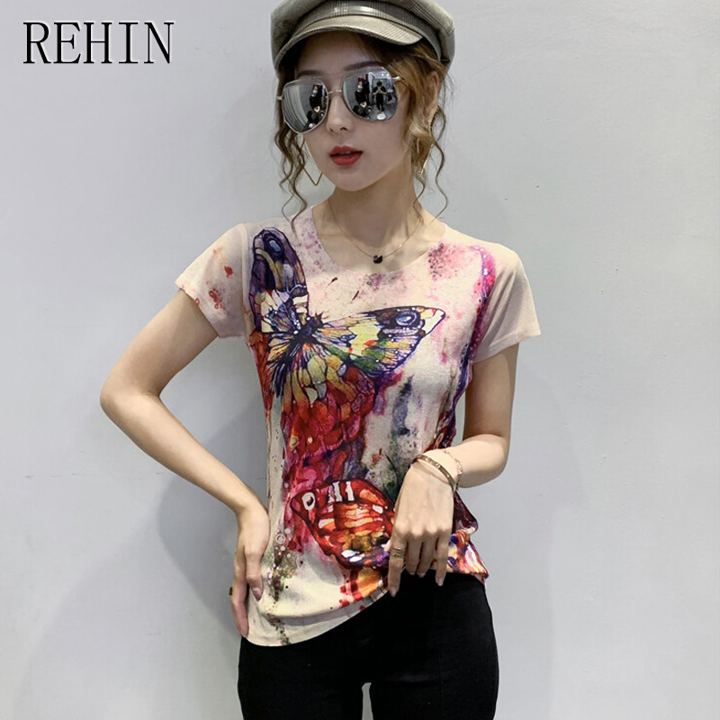 REHIN Women' top Fashion Butterfly Printed Short Sleeve T-shirt S-3XL slim fit tops