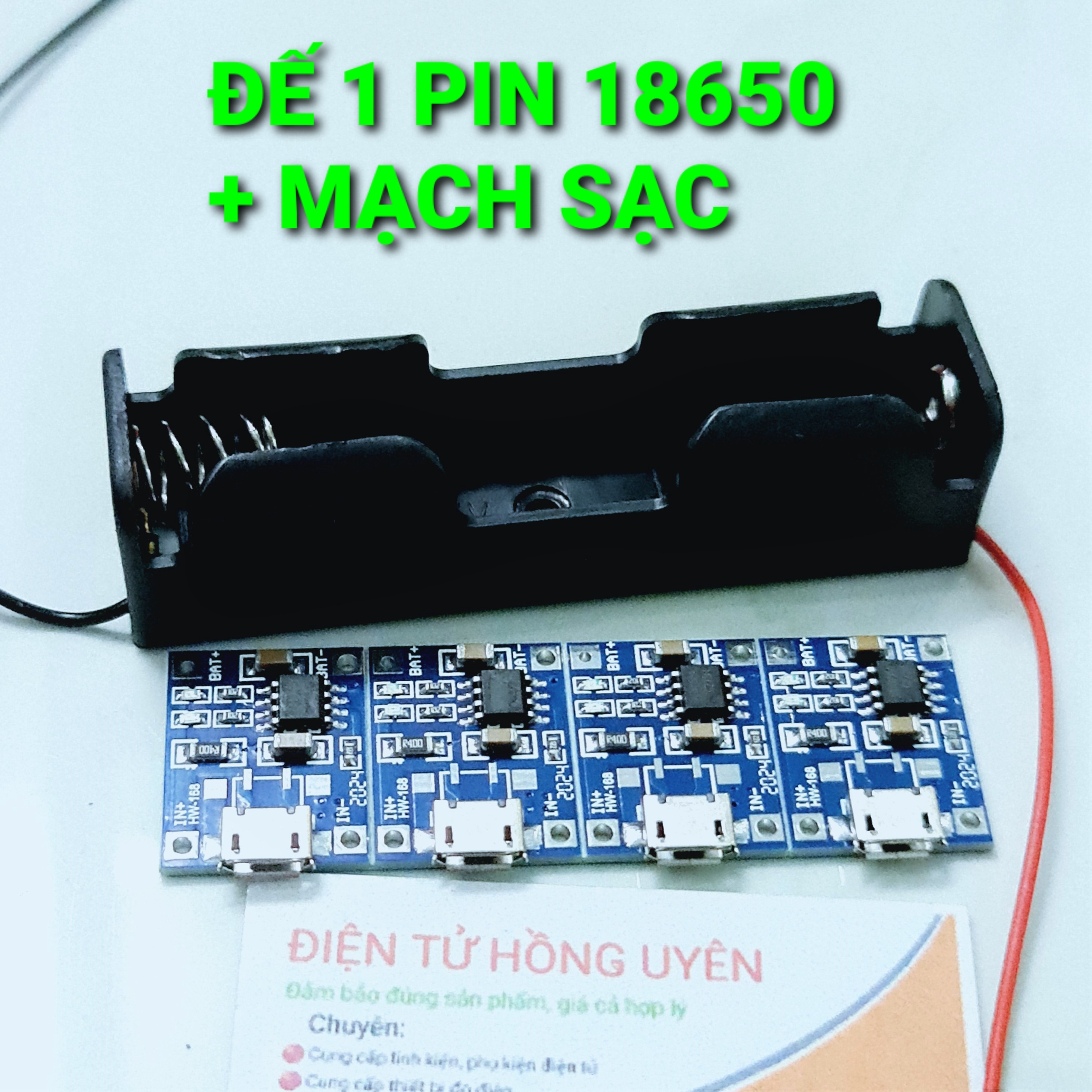 Combo Đế nhựa 1 cell pin 18650 + mạch sạc TP4056 / TC4056A. Linh kiện chế bộ sạc pin 3.7V - 4.2V cell pin 18650. Sạc bằng sạc điện thoại hoặc sạc bằng sạc Lithium 1S 4.2V đều được