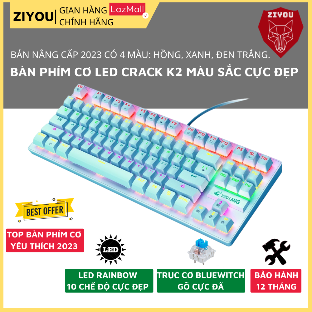 Bàn Phím Cơ CRACK K2 Thế Hệ Cơ Mới Cao Cấp 2023, LED RGB Hiệu Ứng 10 Chế Độ Siêu Đẹp, Bàn Phím Dành Cho Game Thủ Và Dân Văn Phòng, Có Thiết Kế Đẹp Dùng Cho Máy Tính, Laptop, PC - ZIYOU