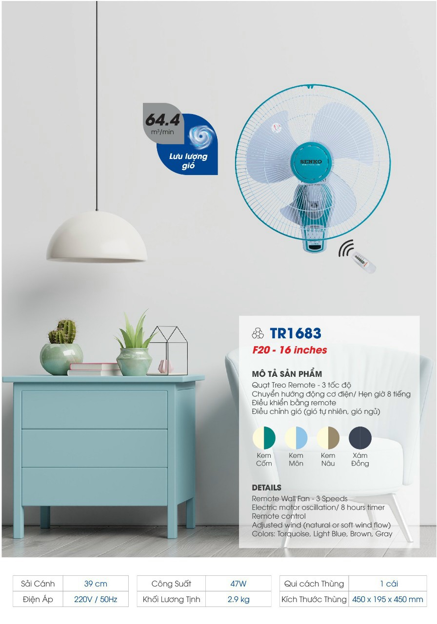 [HCM]Quạt treo tường có remote SENKO TR1428 (Kem nâu) (MÃ MỚI TR1683)