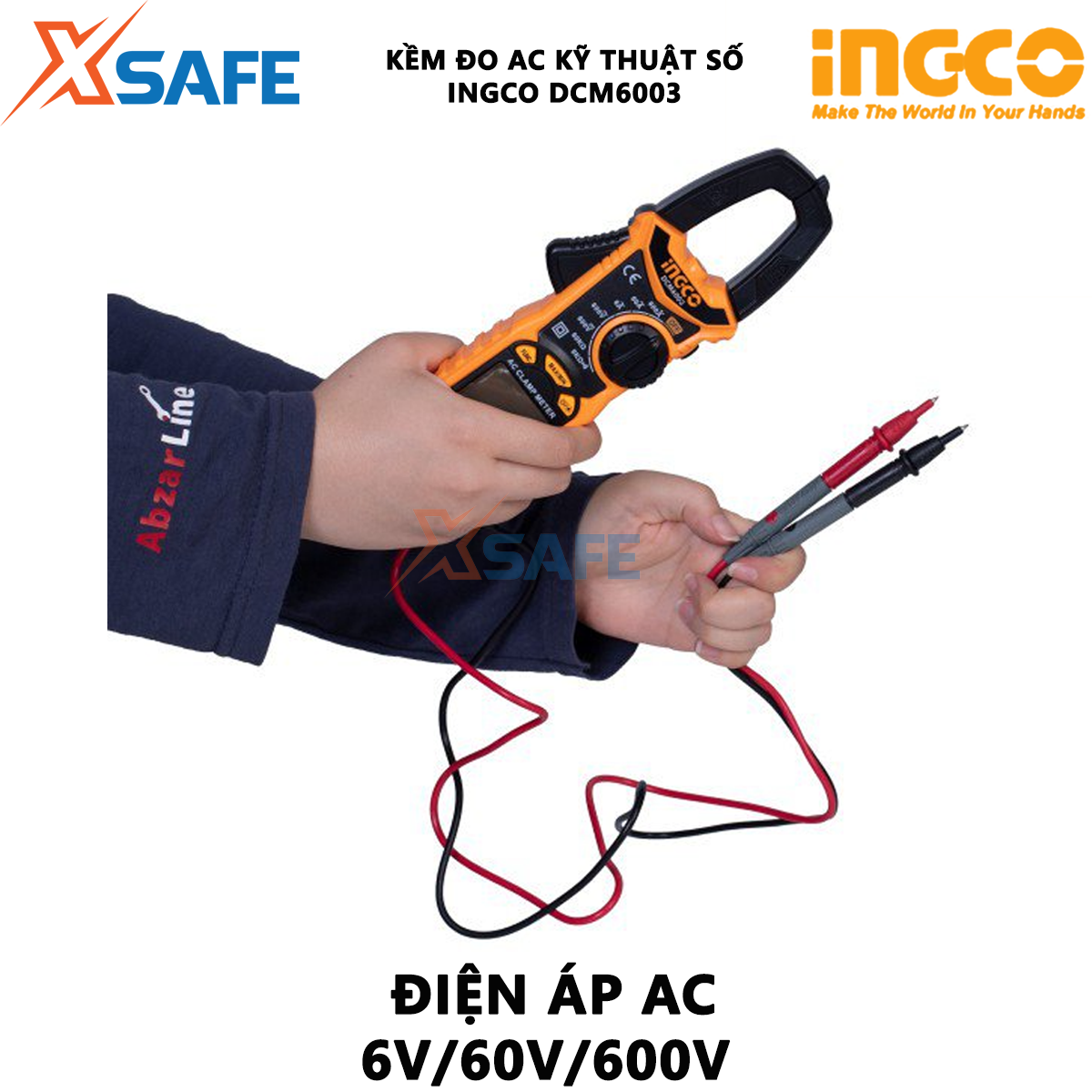 Ampe kìm đo AC kỹ thuật số INGCO DCM6003 | Đồng hồ đo điện AC / DC 6000 Đếm Dữ liệu Giữ Dòng điện AC 10mA ~ 400A/±(2,5% +5) 400A~600A±(3%+5), máy đo kẹp sử dụng để đo dòng điện, điện áp hoặc điện trở